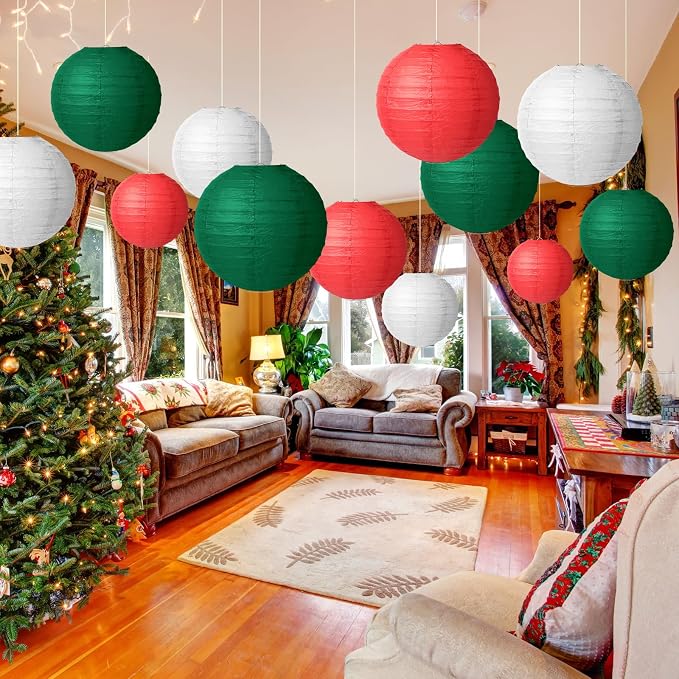 Tenare 12 Pcs Traditional Round Paper Wedding Lantern 4 Size 4, 6, 8, 10 Inch Decorative Ball Hanging Chinese Japanese Paper Lantern for Birthday Party(Red, White, Green)