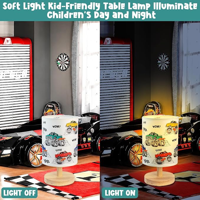 Construction Truck Table Lamp for Kids Bedside Lamp with Linen Wooden Nightstand Cartoon Nursery Lampshade for Bedroom Desk Birthday
