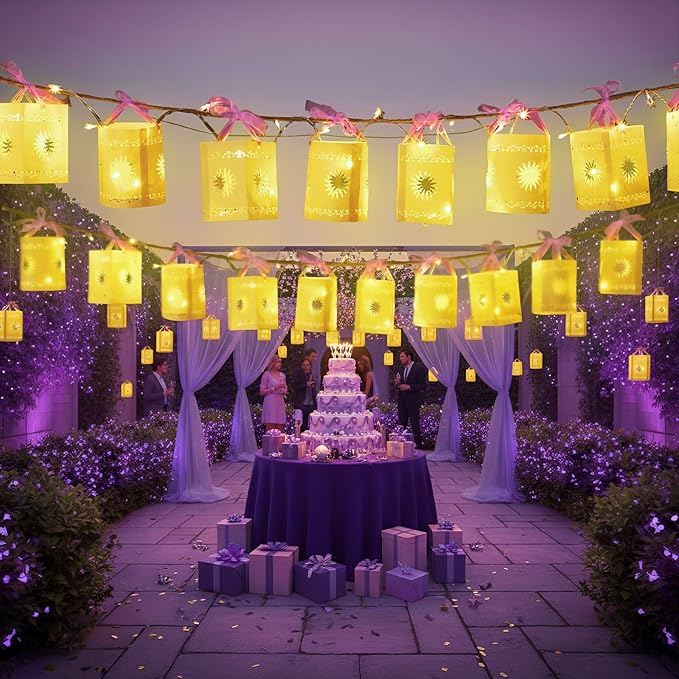 20 Pack Princess Sun Hanging Lanterns with LED Light Purple Princess Hanging Paper Lanterns DIY Set Sun Cutout Square Round Decorations for Photo Props Birthday Party (White)