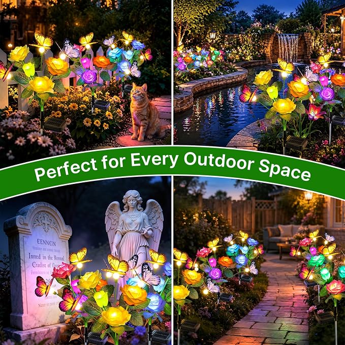 RECHOO Solar Lights Outdoor, 6 Pack Solar Flower Swaying Butterfly Lights | with 24 Color Changing Rose Flowers & 18 Warm White Butterflies, IP65 Waterproof Garden Decor for Outside, Gifts for Women