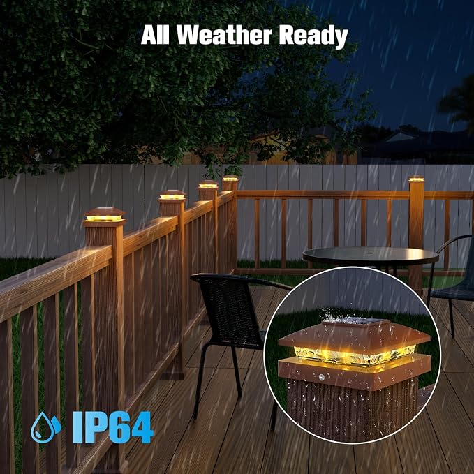 VOLISUN 4x4 Solar Post Cap Light 12pack,Solar Fence - Post Lights Brown Outdoor Waterproof for Wooden/Vinyl Post, with Warm White for Deck