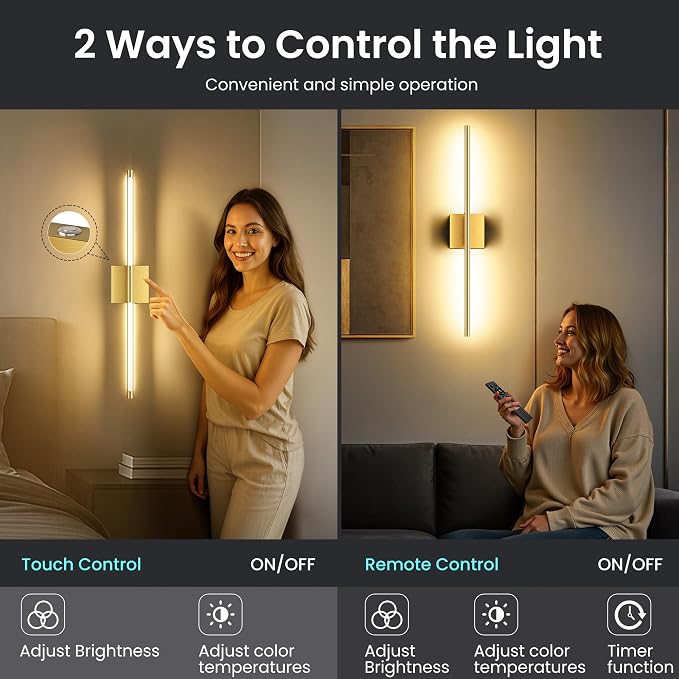 10000mAh Battery Operated Wall Sconces Set of 2, Gold, 29 Inch, 3CCT | Renter Friendly, Rechargeable Wall Lights, Remote Control, 360° Rotate, Dimmable, LED Cordless Lights for Bedroom Living Room