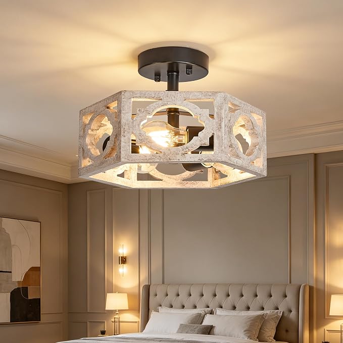 Farmhouse Semi Flush Mount Ceiling Light,Distressed White Hexagon Rustic Carved Wood Fixture for Kitchen Bedroom Hallway Dining Room Entryway,Close to Ceiling Light Fixtures,3-Light