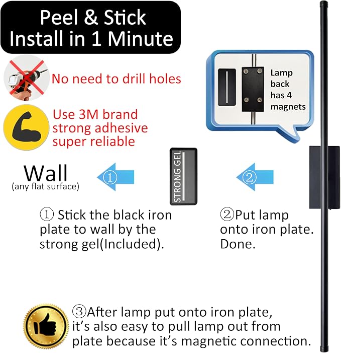 Peel and Stick on Battery Operated Wall Sconces Set of 2 | Easy Install No Drilling Sconces, Wireless Rechargeable Adhesive Wall Lights for Pictures, Living Room, Bedroom (28.3'')