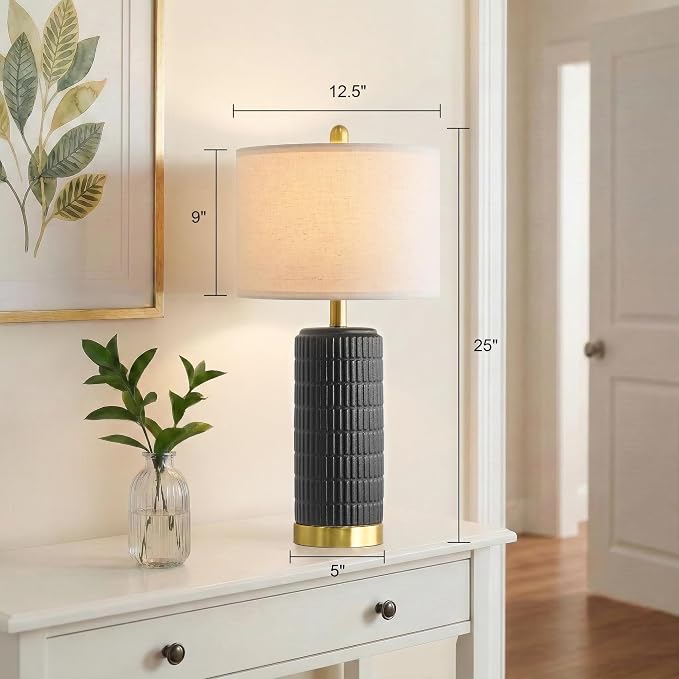 PoKat 25'' Black Ceramic Table Lamps Set of 2 with Gold Base for Bedroom Living Room, Farmhouse Matte-Textured Bedside Lamps for Nightstand Sideboard End Table with Stone-Like Design (Matte Black)