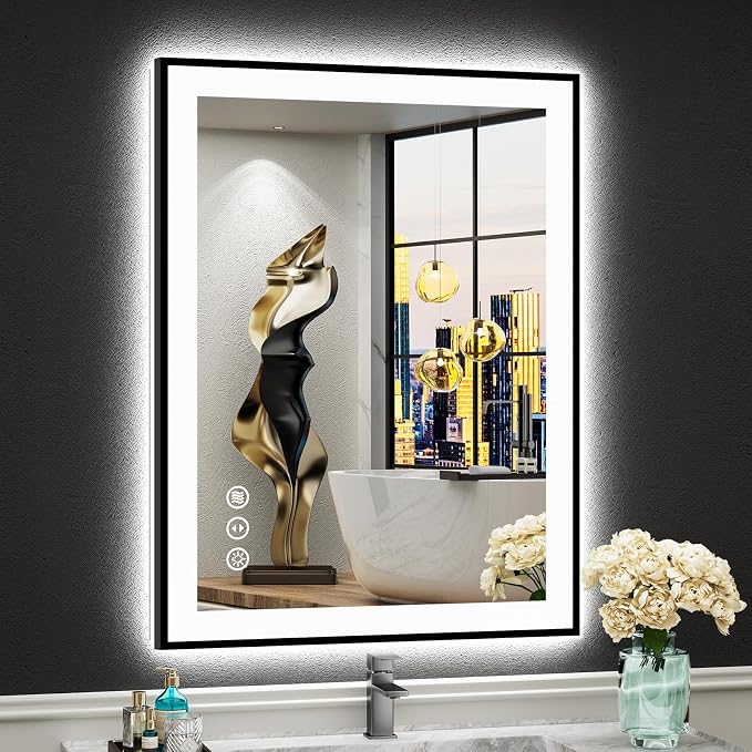 24x32 Black LED Bathroom Mirror, Backlit & Front Lit Lighted Mirror | Metal Framed Anti-Fog Vanity Mirror with Lights, 3 Color Dimmable, Memory, Tempered Glass, CRI95, IP54, Horizontal/Vertical