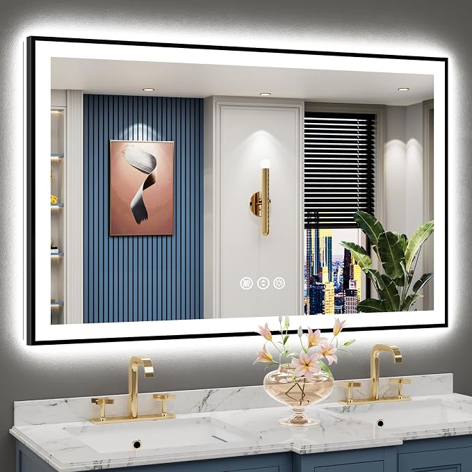 50x32 Black LED Bathroom Mirror, Backlit & Front Lit Lighted Mirror | Metal Framed Anti-Fog Vanity Mirror with Lights, 3 Color Dimmable, Memory, HD Tempered Glass, CRI95, UL Listed, Wall Mounted