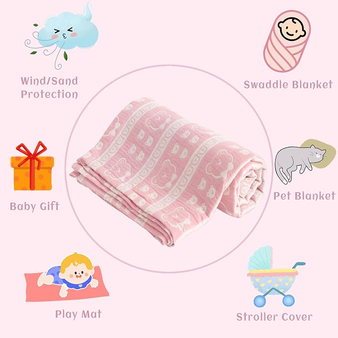 NTBAY 3 Layer Oversized Muslin Toddler Blanket, 45 x 60, Pink Bear | Muslin Cotton Outer Layers with Light Thermal Fiber Fill, Reversible Blanket for Daycare, Travel, Naps, and Supervised Use