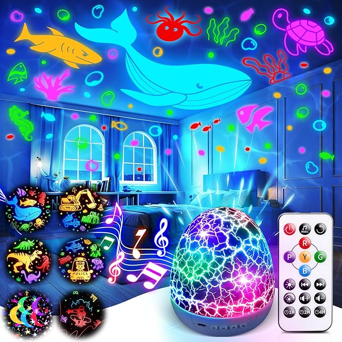 Star Projector Night Light for Kids, 6 Films & 15 Lullabies White Noise Sound Machine, Sensory Toys for Boys Toddlers, 360 Rotation Remote Timer Dino Egg Lights for 1-9 Boy Birthday Gifts
