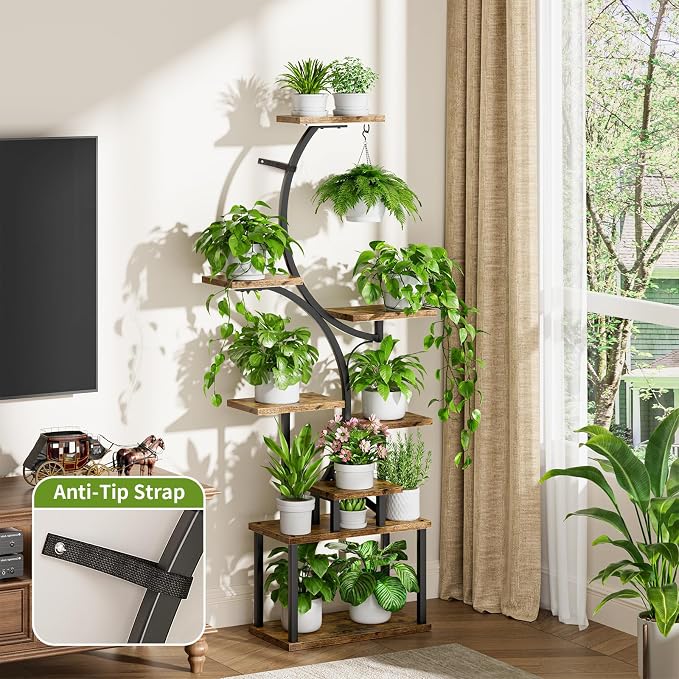 BACEKOLL Plant Stand Indoor with Grow Light, 8 Tier Corner Plant Shelf Tall | 62" Lighted Flower Holder for Plant Multiple, Space-Saving Beautiful Display Growing Rack for Home Patio, Sturdy Metal, Brown