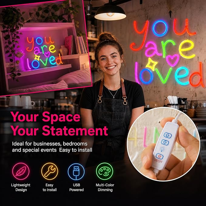 You Are Loved Neon Light for Wall Decor, Dimmable Sign for Bedroom | 16"x12" Colorful Letter Light, Birthday Gift for Daughter/Son/Girlfriend (No Adapter) 6.5ft USB Powered