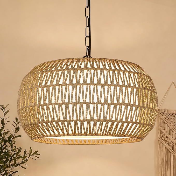 9"-52" Height Adjustable Farmhouse Chandelier Light Fixture, 5-Light Rattan Boho Chandeliers for Dining Room, Hand Woven Pendant Light with Linen Shade, Rustic Hanging Lighting for Kitchen Island