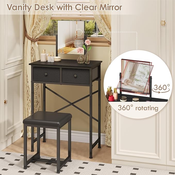X-cosrack Black Small Vanity Desk with Mirror & Chair, 19.7" W Mini Vanity Desk Table Set with Fabric Storage Drawer for Kids, Girls, Teens, Dressing Table with Chair for Bedroom