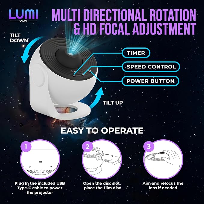 Lumi Galaxy Projector Star Projector Galaxy Light with 12 HD Film Discs | 360° Rotating Planetarium Room Lights for Bedroom Ceiling, Night Light for Kids, Aurora Northern Sky Display, Gift Idea