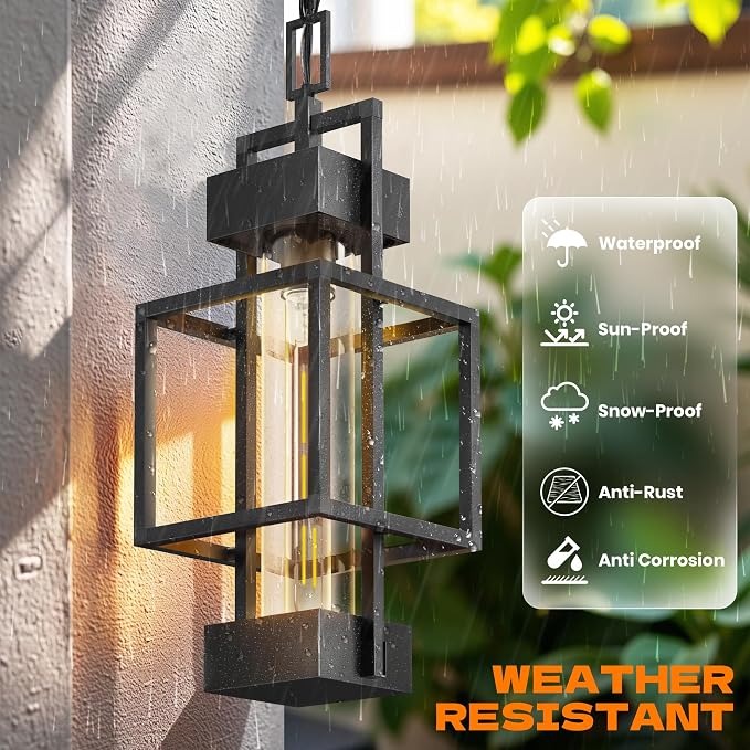Hotsonic 15'' Outdoor Indoor Pendant Light Exterior Hanging Lantern, Modern Metal Outside Chandelier Light Fixture Black Ceiling Mount with Water Glass for Front Porch Entrance Foyer Entryway