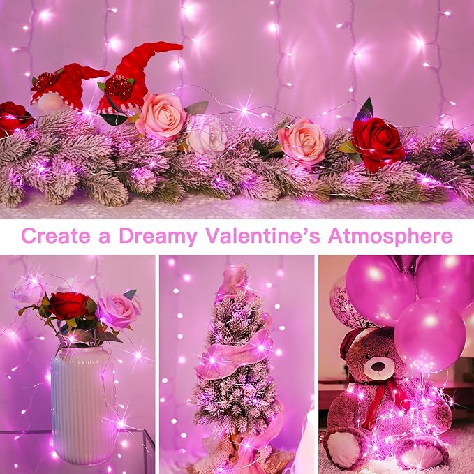 Pink Fairy Lights Battery Operated Outdoor Waterproof, 33ft 100 Led String Lights with Remote, Twinkle Lights for Bedroom, Dorm, Tapestry, Christmas, Party Decorations