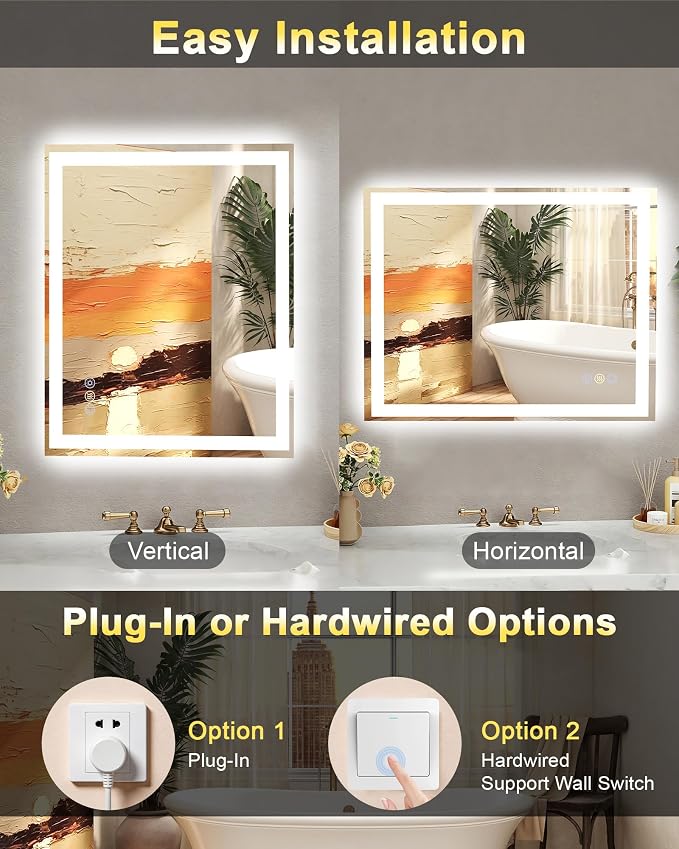 72x32 LED Bathroom Mirror, 6000LM, Separate Front and Back Lights | UL Certified,Shatter-Resistant Tempered Glass,Auto-Off Defogger,3 Color Modes,Smooth Dimming,Smart Memory Setting