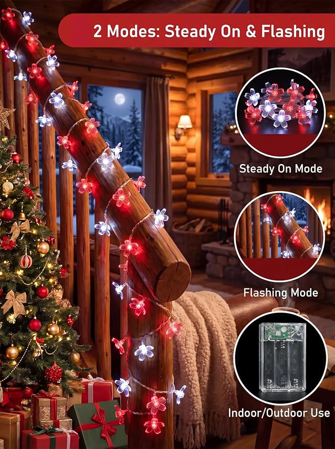 Flower Battery Operated Indoor String Lights 30L Cherry Blossom Fairy Light | Waterproof Outdoor Party Birthday Wedding Christmas Home Red White