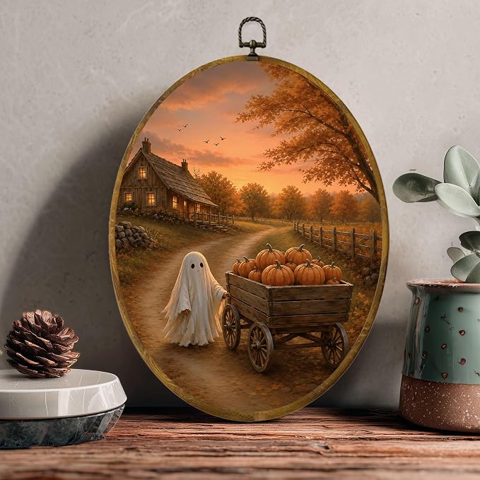 Ghost Pumpkin Wagon Oval Wall Art, Framed Canvas Decor, 8.5x11.5 Inch | Cute ghost pulling pumpkin wagon, autumn cottage road, cozy Halloween farmhouse decor