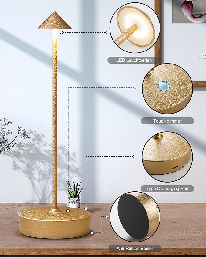 Cordless Table Lamps Rechargeable 6000mAh Battery Operated LED Desk Lamp | Outdoor Waterproof Portable 3 Color Touch Dimmable Table Light for Patio Restaurant Dining Home Set of 2 Capacitor Gold