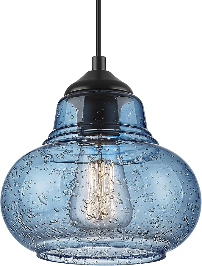 ELYONA 8 Inch Pendant Light for Kitchen Island Modern Blue Hand Blown Bubble Glass Pendant Lighting Hanging Light fixtures for Dining Room Bar Bedroom Living Room