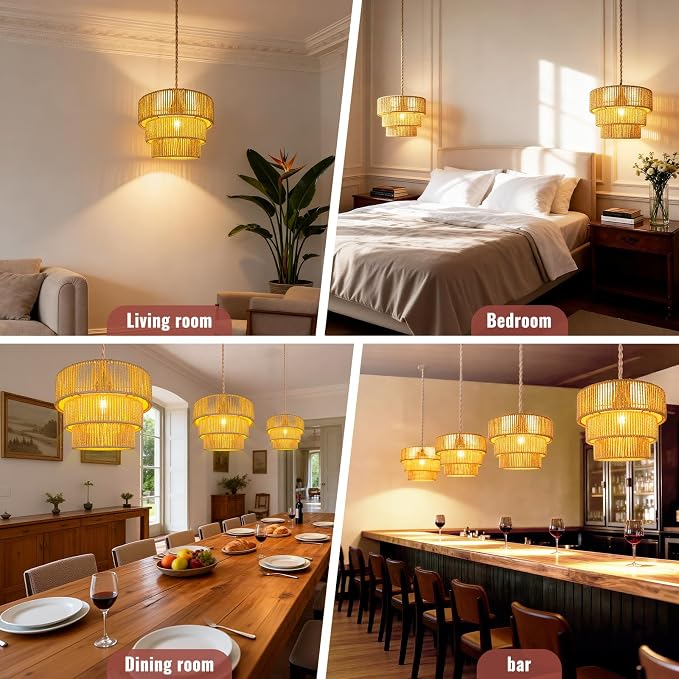 Hanging Light Ceiling Lamp Pendant Lights Rattan Hanging Lamp with Plug in Cord for Living Room Bedroom Kitchen Indoor Hanging Lamp Plug in Woven Lampshade