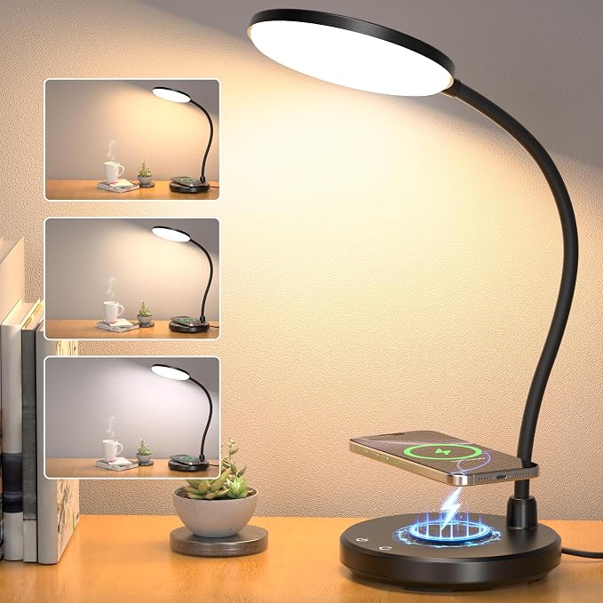 10W Wireless Charger Desk Lamps, Home Office, 800LM CRI95+,Black | Eye-Caring Led Desk Lamp with 3 Color Change, Dimmable, Adjustable Arm Table Lamp for Bedside, College Dorm, with Adapter