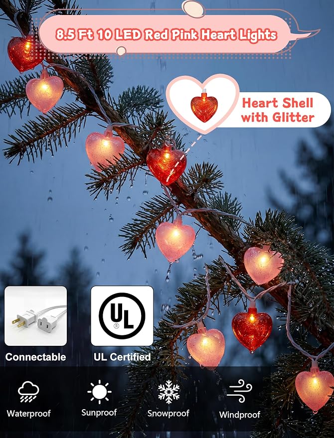 8.5 Ft Heart String Lights, Valentines Day Decorations Lights with 10 LED Glitter Red Pink Heart Lights, Plug in Fairy String Lights for Wedding Anniversary Party Valentine's Day