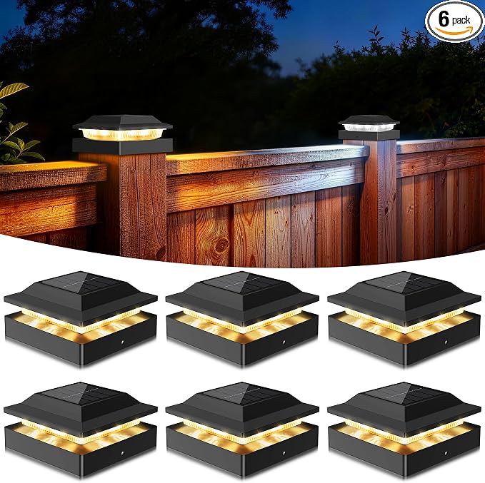 Solar Post Cap Lights for 4x4 Wood/Vinyl Posts, 6 Pack | IP65 Waterproof Fence Post Solar Lights, Outdoor Post Lights with 2 Color Modes Decorate Garden Patio Porch Backyard, Black