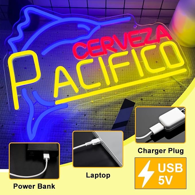 Pacific Beer Neon Signs for Wall Decor,Dimmable Mexican Beer Led Neon Light, USB Powered Business Signs for Man Cave Bar Pub Restaurant Party Christmas Birthday Gifts(16.1 * 12.5in)
