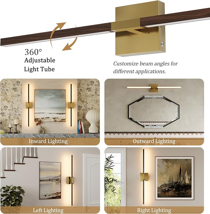Rayogale Gold & Walnut Wireless Wall Sconce with Remote Control, 36 Inch | 3000/4500/6000K Dimmable 8000mAh Rechargeable Battery Wall Sconces Set of Two with Timer for Living Room, Bedroom