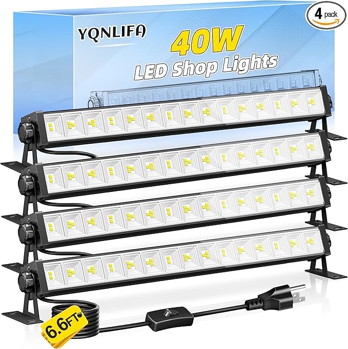 4 Pack 40W LED Shop Lights, 5400LM 6000K Plug in Garage Lights with 6.6FT Power Cord, Work Light for Garage, Outdoor, Workshop, Yard, Warehouses, Carport, Indoor