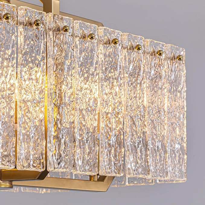 CROSSIO Gold Crystal Rectangle Chandelier, 40inch Large Rectangular Water Ripple Glass Island Light Fixture, Elegant Linear Lighting for Kitchen Island, Living Room
