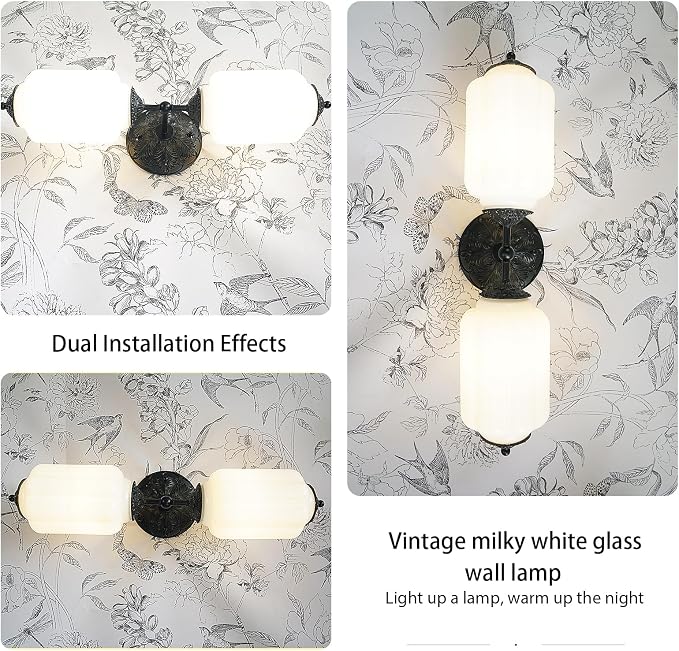 Vintage Milk Glass Bathroom Vanity Light - 2-Light Wall Sconce with Brass Finish Base & Green Glass Shade - Wall Sconce Lighting for Mirror, Kitchen, Living Room, Gallery (Bulbs Included) (white)