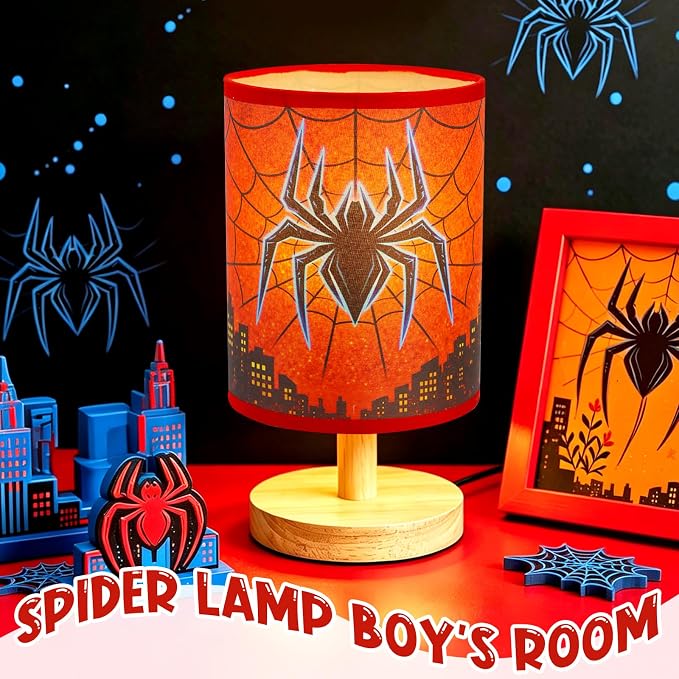 Spider Table Lamp for Boys - Spider Night Light & Bedroom Bedside Lamp with Linen Lampshade and Wooden Stand, Cartoon Nursery Lamp for Desk, Home Decor
