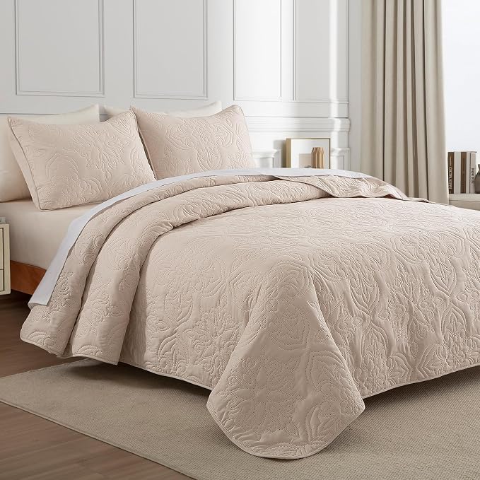 Whale Flotilla Twin Quilt Bedding Set Vintage Damask Reversible Bedspread | Suitable for Bed, 2 Pieces Brich Beige Lightweight Breathable Quilts Twin Size, Ultrasonic Coverlet with 1 Pillow Sham