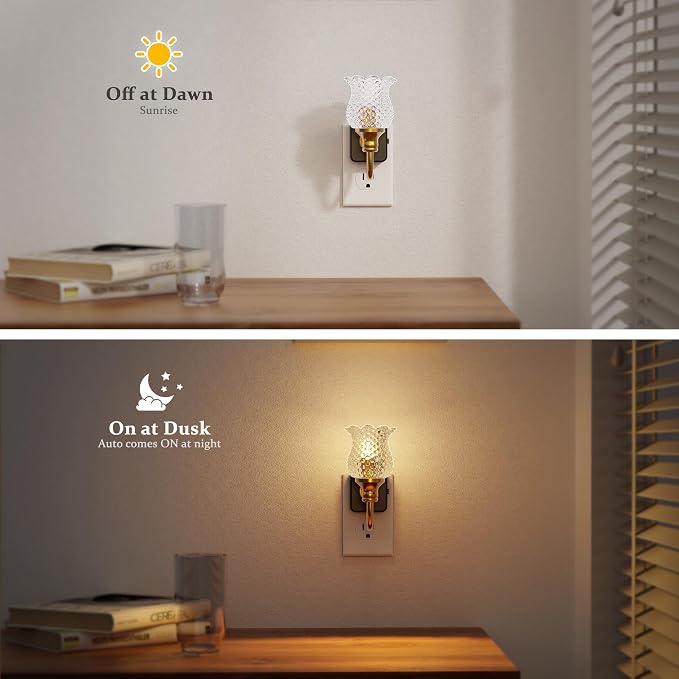 JandCase Night Light, Glass Night Lights Plug into Wall Dimmable | Floral LED Nightlight, 0-100LM Flower Nightlights, Dusk to Dawn Sensor, 1W Vintage Nite Light for Bathroom Hallway Gift Decor