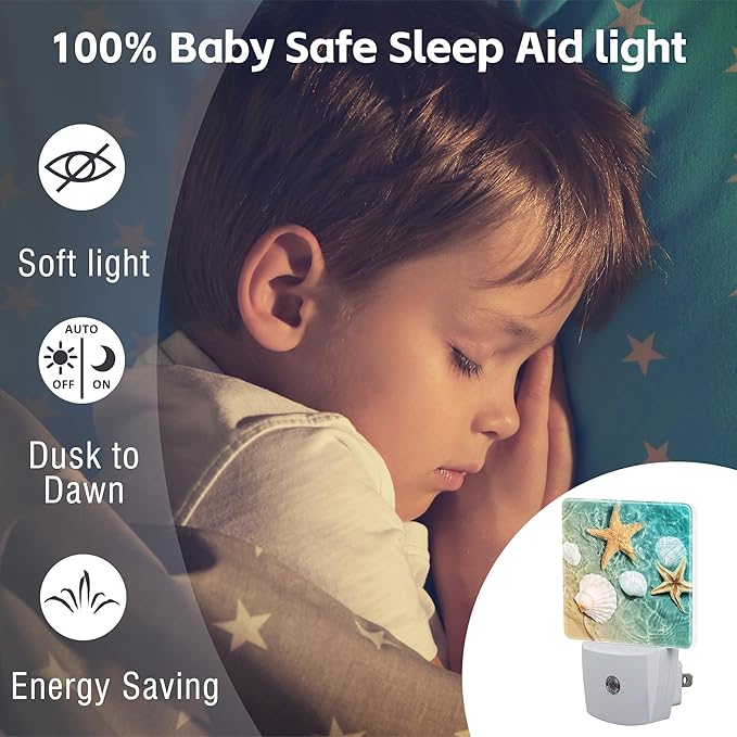Starfish and Seashell Night Light Plug into Wall, Summer Beach Ocean Waves Dusk to Dawn Night Light Plug in,0.5w Energy Saving Sleep Friendly NightLight for Kids Boys Girls Home Decor