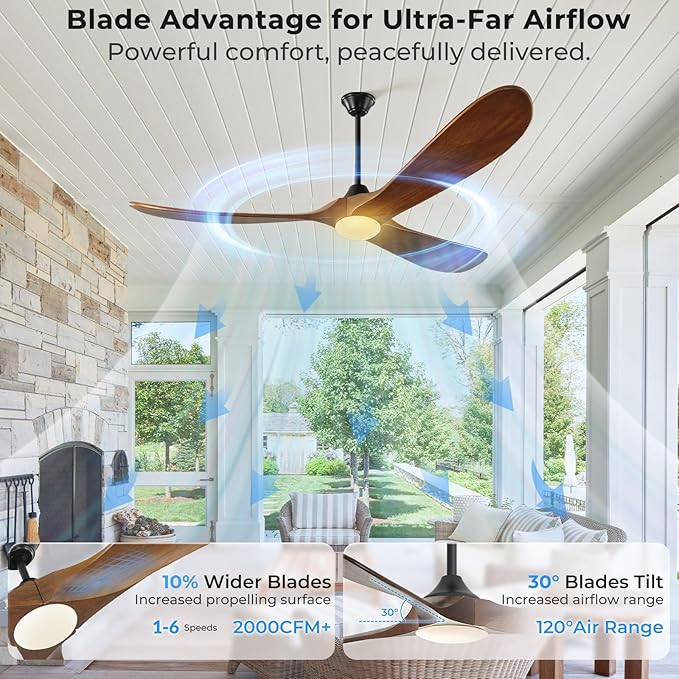 Outdoor Ceiling Fan with Light-Glass Lamp, 52 inch 3 Blade Wood Propeller Ceiling Fans with Lights and Remote Control for Patios, Exterior Damp Rated High CFM Ceiling Fans Modern Smart APP, Walnut
