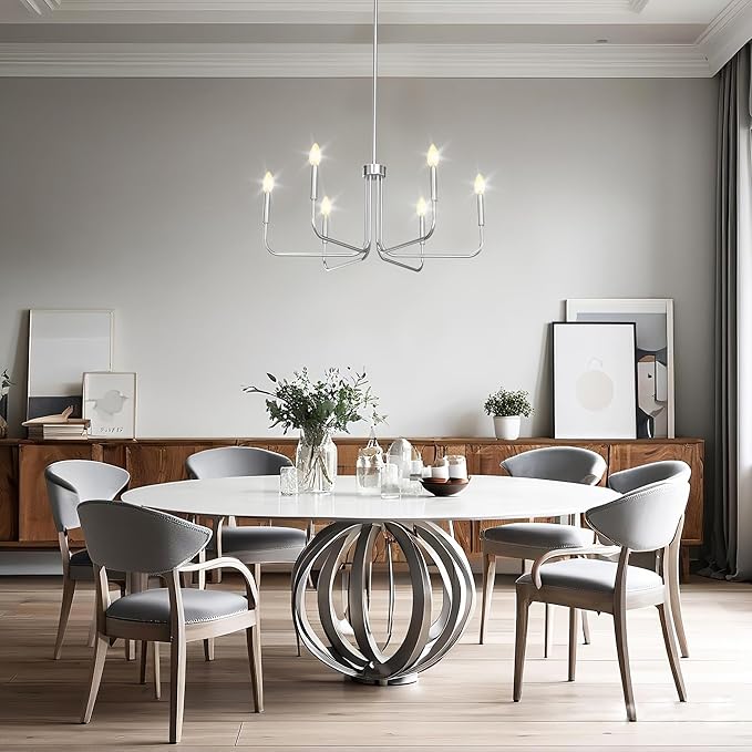 DORESshop Modern Chandelier for Dining Room, 6-Light 28" Chrome Farmhouse Chandelier for Dining Room, Dining Light Fixtures Over Table for Bedroom Hall Kitchen Living Room