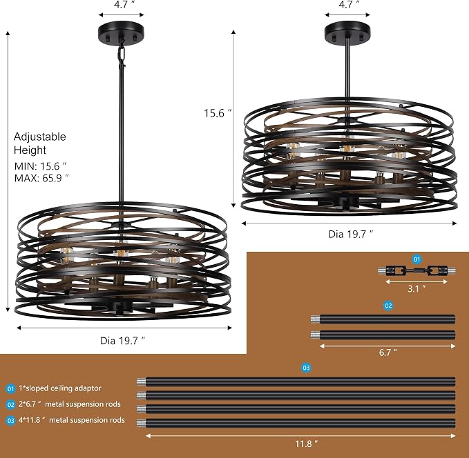 ACNKTZ 19.7'' Farmhouse Dining Room Light Fixture, 5-Light Metal Drum Chandelier, Black with Retro Wood Texture Interior
