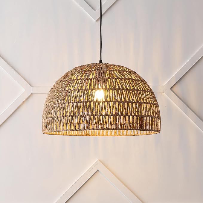 JONATHAN Y Campana 1-Light Pendant Dome Ceiling Lamp, 20", Brown | Modern Coastal Farmhouse Decor, Adjustable Height, Woven Rope Metal Frame, LED Bulb Included, UL Listed