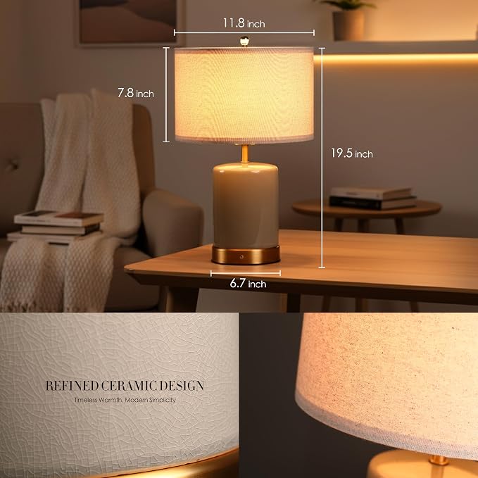 O’Bright Dune - Battery Powered Table Lamp, Rechargeable Cordless Ceramic Lamp, Full-Size 19.5 Inch Height, Dimmable, Smart Safety Protection, Type-C Fast Charging, LED Bulb Included, Stone Grey