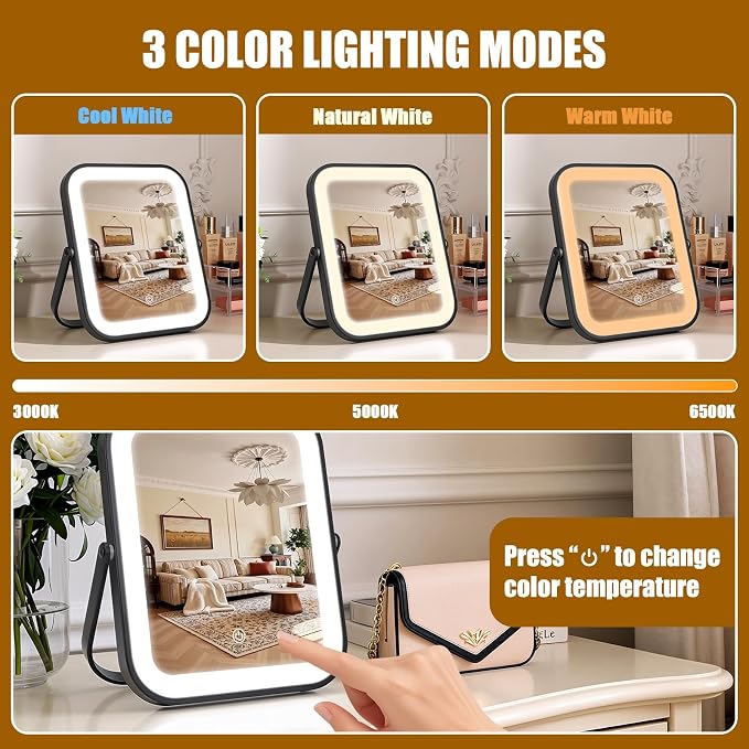 Rechargeable Vanity Mirror with Lights, 10"×8" Makeup Mirror with Lights, 1500mAH Battery, Smart Touch with 3-Color Lighting, Dimmable, HD Desk Mirror, Travel Essentials, Women Gift (Black)