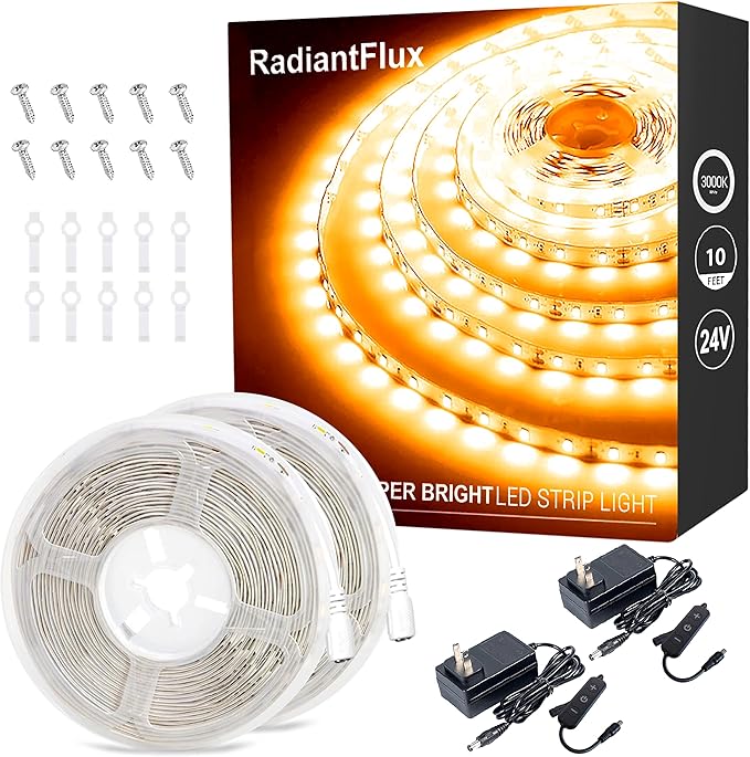 RadiantFlux Warm White LED Strip Lights, 2 Set 10ft 24V Flexible Lighting, Super Bright for Bedroom, Living Room, Kitchen, Cabinet, Vanity Mirror & Home Decor