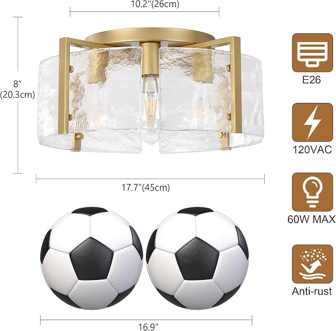 Gold 4-Light Semi Flush Mount Ceiling Light,17.7'' Modern Glass Drum Fixture,Farmhouse Hallway Light Fixtures,Ceiling Lights for Foyer Entryway Bedroom Kitchen Island Dining Room Living Room