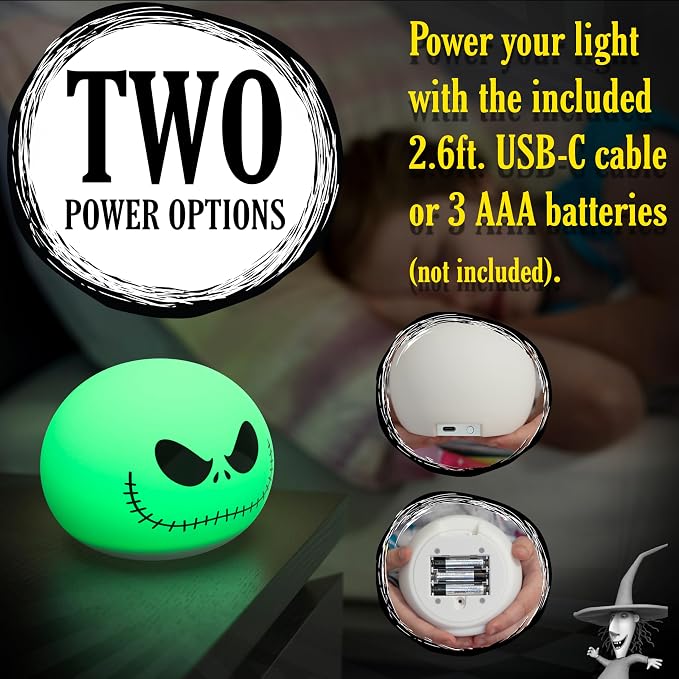 Disney Squish'ems Jack Skellington Night Light for Kids, Soft Silicone | 13 Color Modes and Dimmable Warm White Light for Kids Room, Bedroom, and Playroom, USB Powered with AAA Battery Option