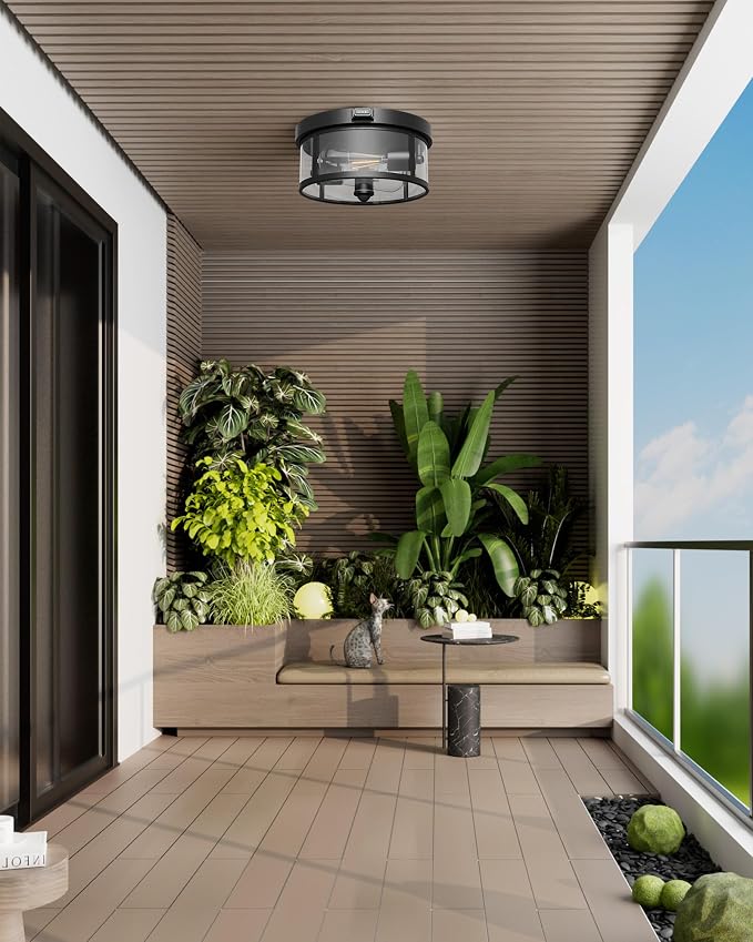 Outdoor Ceiling Light with Motion Sensor 9.3in - Porch Lights Outdoor, E26 Base, Flush Mount, 360° Detection, 3 Modes (Auto/Dusk to Dawn/Always-on), Farmhouse Ceiling Light for Porch, Entryway