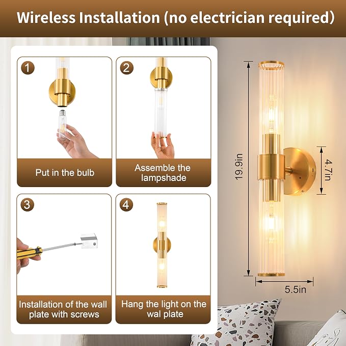 Morauroral Gold Battery Operated Wall Sconces Set of Two, Rechargeable Wall Sconce with Dimmable Remote Control, 20 Inch Wireless Sconce Wall Light for Bedroom, Living Room (Bulbs Included)