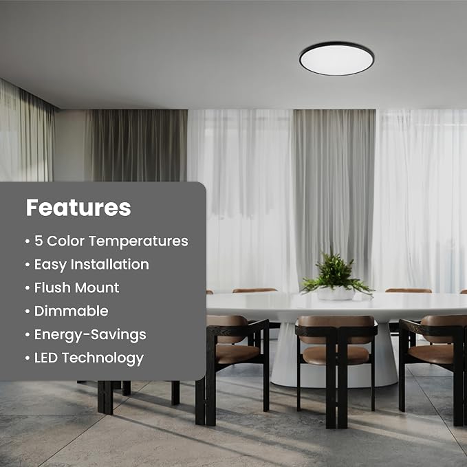 Feit Electric 25in Selectable White Ceiling Light, 2500 Lumens, 5 Color Temperatures (2700K-6500K), Dimmable, 36W Flush Mount, Perfect for Office, Kitchen, and Living Spaces, FM25LP6WYBK